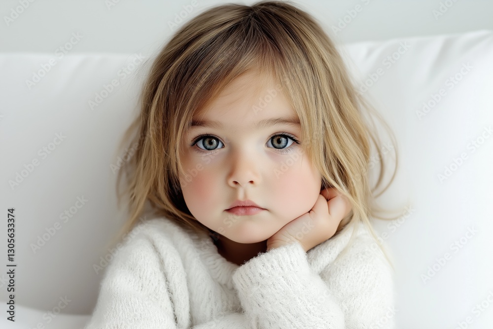 A young blonde girl with blue eyes is sitting on a bed with her arm on her lap. She is wearing a white sweater and has a slight smudge on her nose. Concept of innocence and vulnerability A young blonde girl with blue eyes is sitting on a bed with her arm on her lap. She is wearing a white sweater and has a slight smudge on her nose. Concept of innocence and vulnerability