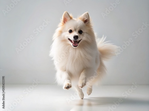 Playful Spitz Dog in Minimalist White Studio Setting