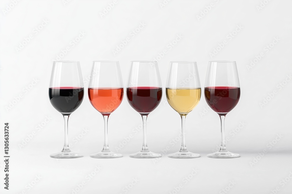 A row of five wine glasses, each with a different color of wine. The glasses are lined up next to each other, with the first glass on the left and the fifth glass on the right