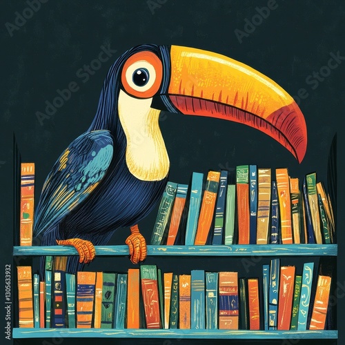 Colorful cartoon illustration featuring a toucan bird and a bookshelf