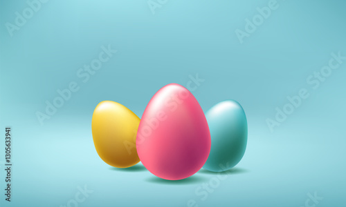 Easter day golden egg background. 3d vector png, April happy holiday isolated podium scene. Spring greeting card realistic design, Mini gift pile web header banner, blue pink gold illustration poster photo