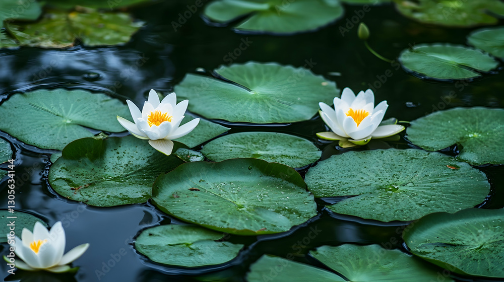 Vibrant green lotus leaves and delicate white blossoms floating on a peaceful water surface Vibrant green lotus leaves and delicate white blossoms floating on a peaceful water surface