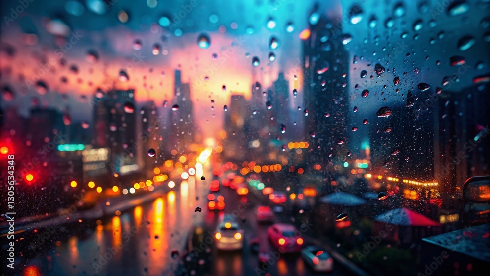 Fototapeta premium Rainy City Dusk: Drone View of Raindrops on Window, Blurred Headlights