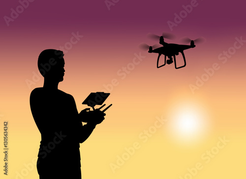 Silhouette of a drone operator against a sunset – future technology. Modern flat vector graphics