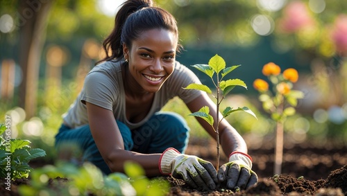Smiling woman planting a young tree in a vibrant garden during sunny afternoon