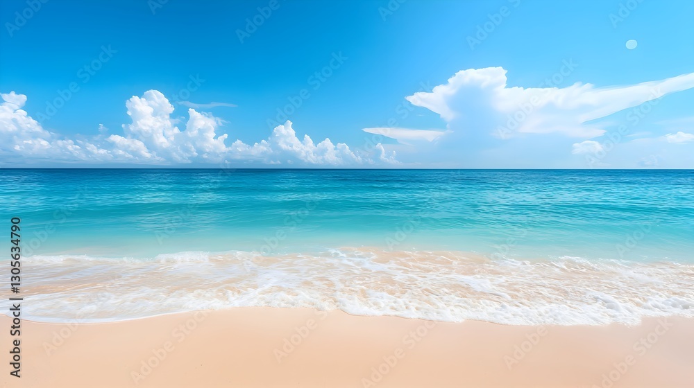 A serene beach scene featuring crystal-clear blue water gently lapping at the shore, a sunny sky with fluffy white clouds, vibrant yet calming colors. travel brochures or summer product branding. A serene beach scene featuring crystal-clear blue water gently lapping at the shore, a sunny sky with fluffy white clouds, vibrant yet calming colors. travel brochures or summer product branding.