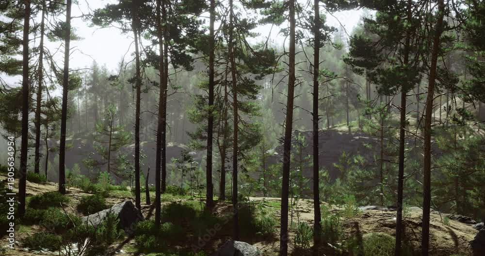 Sunlight pours through tall trees in a serene forest. Lush greenery covers the ground with rocky outcrops in the background, creating a peaceful natural environment. Sunlight pours through tall trees in a serene forest. Lush greenery covers the ground with rocky outcrops in the background, creating a peaceful natural environment.