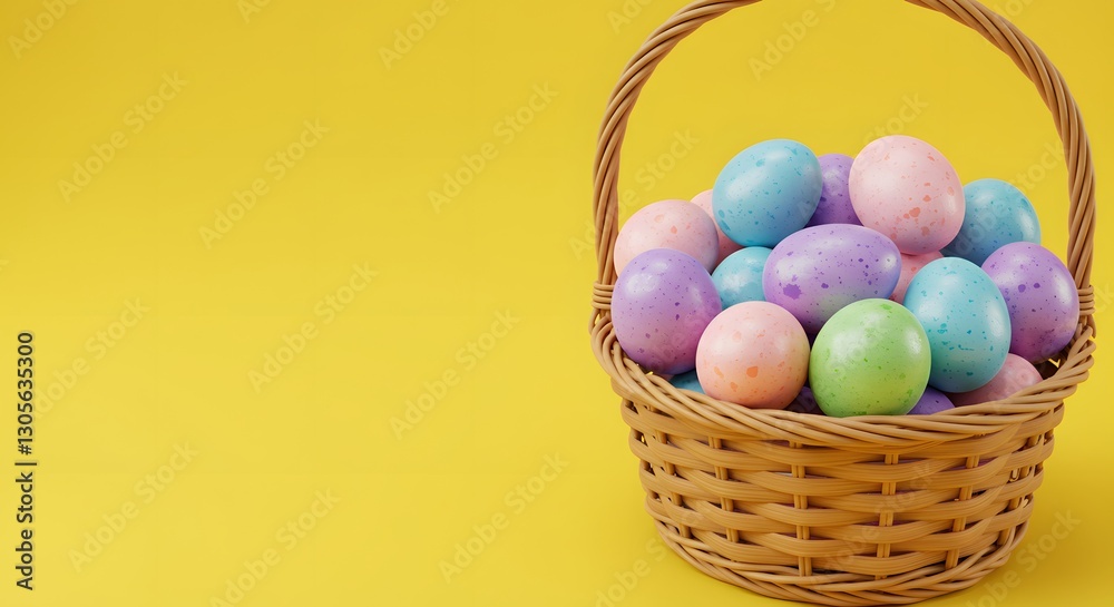 Pastel Easter Eggs in Woven Basket on Yellow Background Celebration Pastel Easter Eggs in Woven Basket on Yellow Background Celebration
