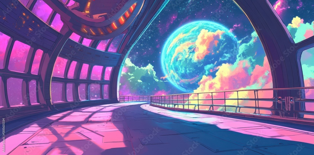 Obraz premium A Futuristic Space Station Interior with a Colorful Alien Planet