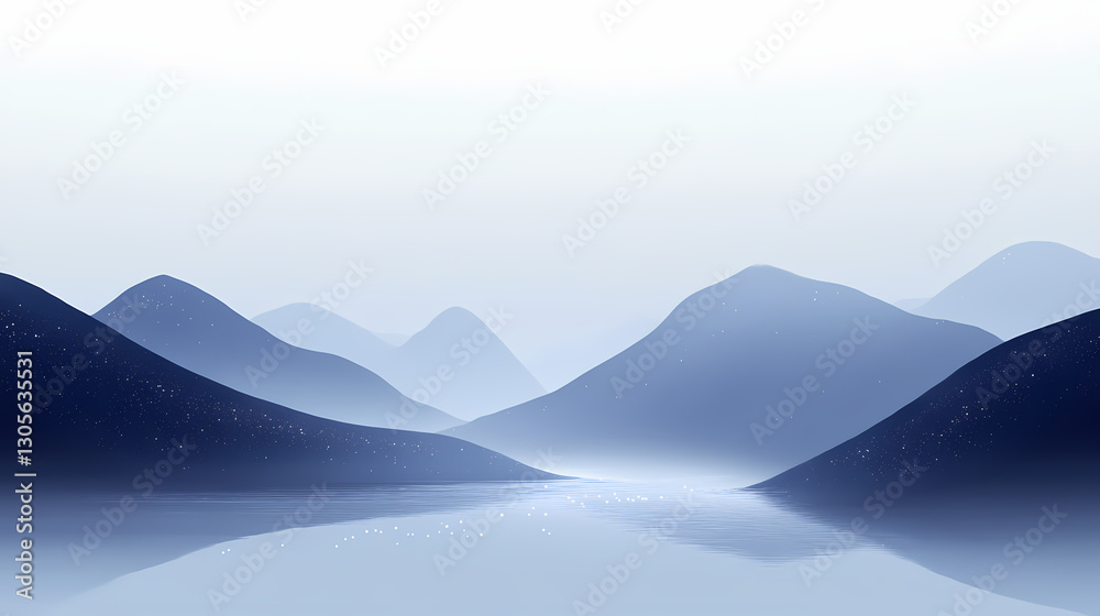 Fototapeta premium A misty blue gradient with sparkling particles creating a serene effect. Movement - River. Illustration