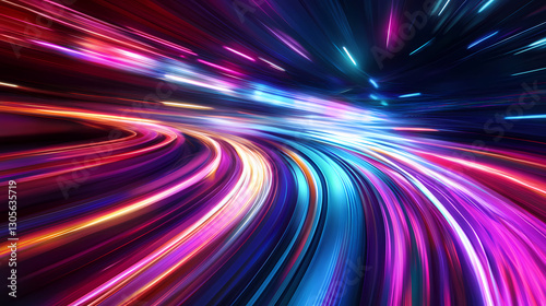 A vibrant depiction of colorful light trails representing speed and movement in a futuristic setting. Movement - River. Illustration
