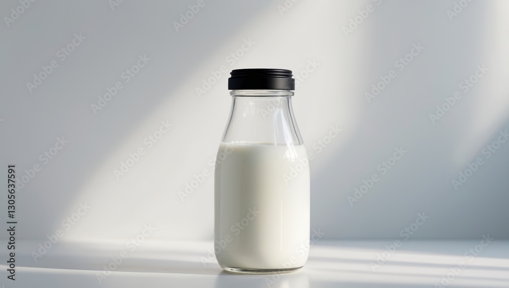 Milk bottle made of clear glass with a black cap filled with fresh milk Milk bottle made of clear glass with a black cap filled with fresh milk