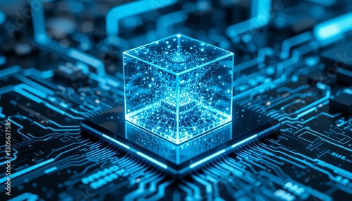 a concept o a Quantum semiconductor chip with glowing light on a GPU