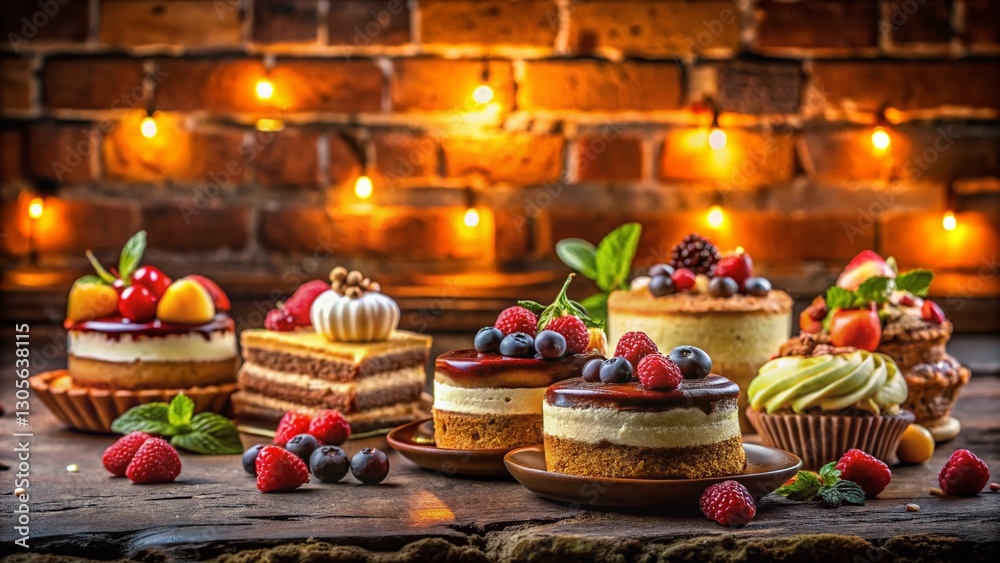 Naklejka premium Rustic Brick Wall Background Charming Desserts Low Light Photography