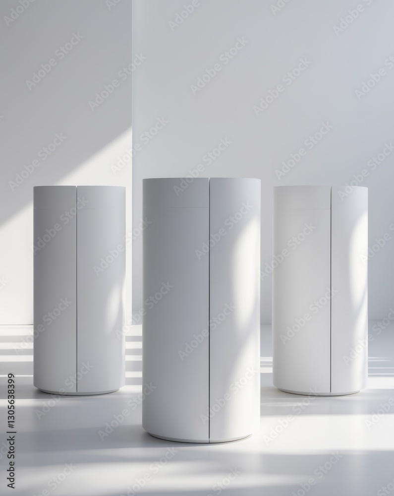 White three cylinder podiums product design lines. White three cylinder podiums product design lines.
