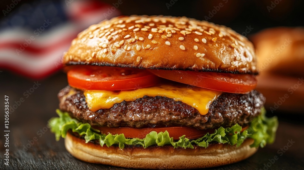 Classic American Burger with Tomato Lettuce Cheese and Sesame Bun. Generative AI