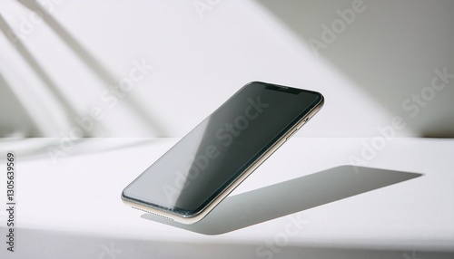 Minimalist smartphone mockup floating above a clean white surface, casting a soft shadow for a modern, sleek, and professional presentation.
