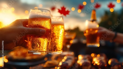 Close-up of cold beer glasses being clinked by friends during a BBQ celebration with a sunset in the background. Generative AI photo