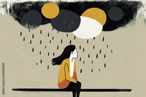 Woman Sitting Under a Raincloud, depression feeling alone loneliness, cutout simple graphic style vector