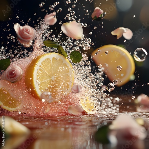 Refreshing splash of lemons and roses creates a vibrant atmosphere in a cocktail setup
