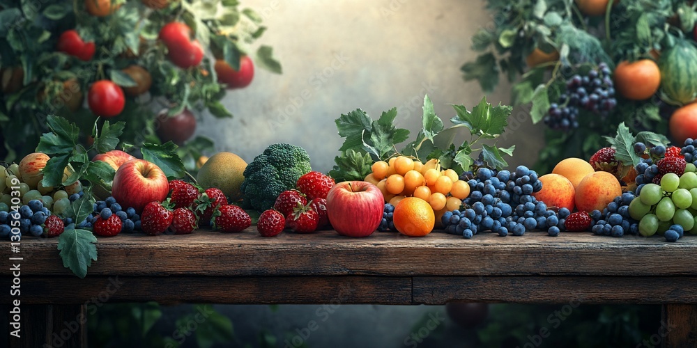 Aesthetic Fruit Display on Rustic Wooden Table with Garden Backdrop Aesthetic Fruit Display on Rustic Wooden Table with Garden Backdrop