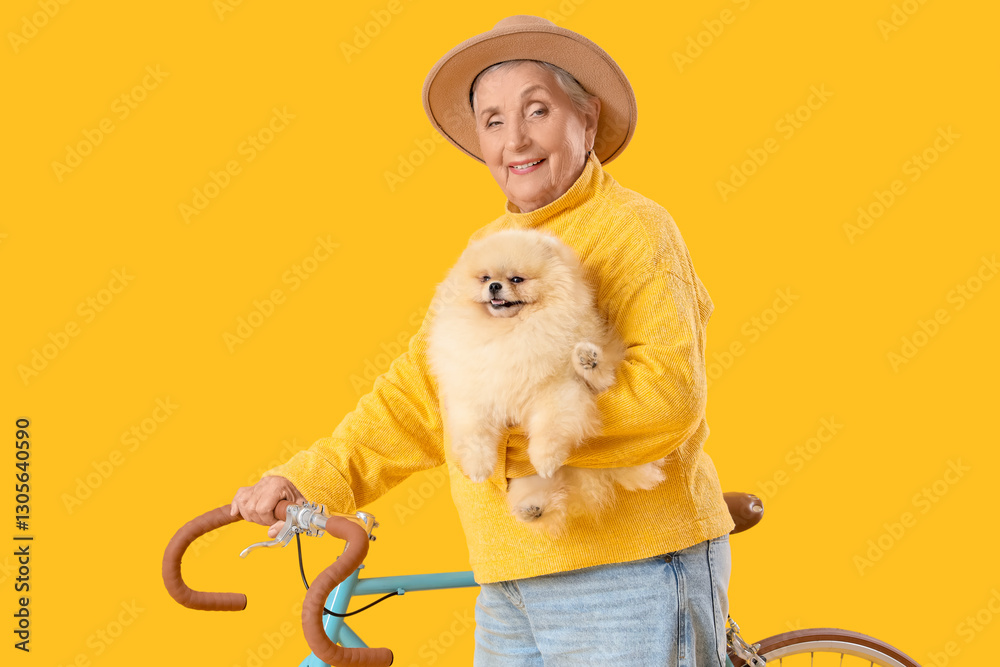Φωτογραφία Senior woman with Pomeranian dog and bicycle on yellow background