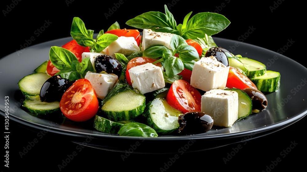 A colorful bowl of fresh salad featuring cherry tomatoes, cucumbers, black olives, and feta cheese, garnished with arugula on a dark surface A colorful bowl of fresh salad featuring cherry tomatoes, cucumbers, black olives, and feta cheese, garnished with arugula on a dark surface