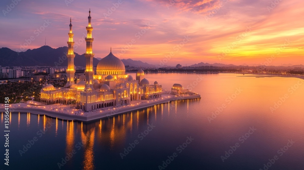 Naklejka premium Stunning evening view of a large mosque by the water with mountain backdrop. Generative AI