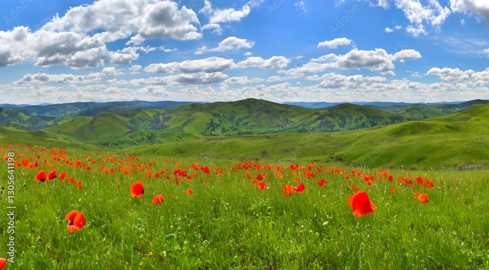 Naklejka premium The field of red poppies flowers in spring. Panoramic view of green hills of in spring with poppies blooming in foreground. Copy space. Papaver rhoeas. Corn poppy, corn rose, field poppy, red grass.