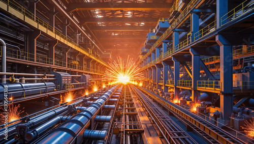 Sparks illuminate the scene inside a bustling steel mill, highlighting the intense processes of metalwork.
