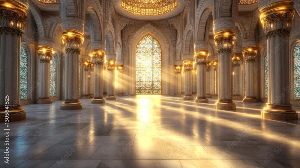 Fototapeta premium Wide shot of a mosque interior with grand columns and intricate stained glass windows illuminated by sunlight. Generative AI