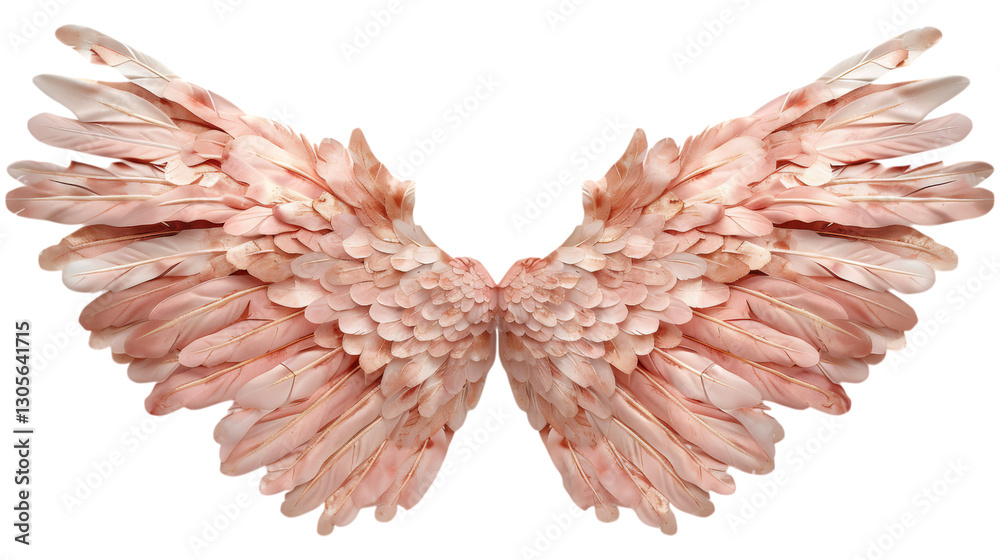 Obraz premium Elegant pink angel wings isolated. A delicate pair of feathery wings in soft blush tones, symbolizing grace, beauty, and divinity. AI generated. .