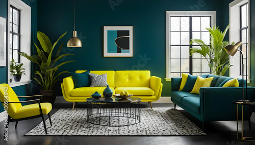 A modern living room with vibrant colors and stylish furniture