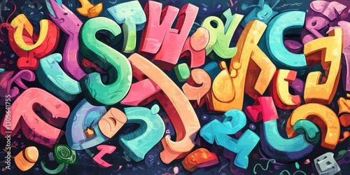 Colorful three dimensional alphabet letters creating an artistic vibrant pattern