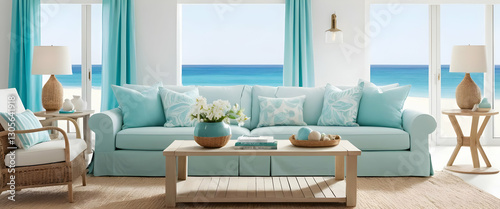 A coastal living room with ocean view and inviting furniture