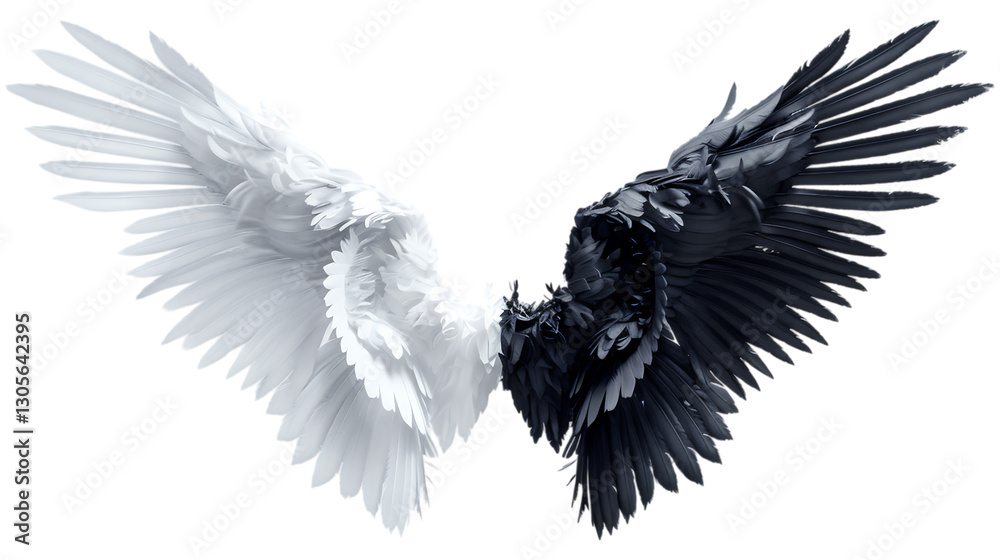 Obraz premium Black and white angel wings symbolizing harmony. Ethereal feathers representing balance between light and darkness. Wings isolated AI generated. .