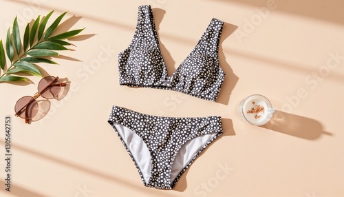 Black and white patterned bikini mockup with sunglasses, a tropical leaf, and a refreshing drink on a neutral background with soft lighting.