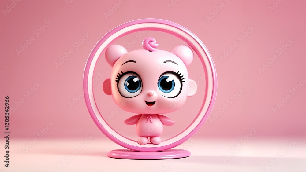 Fototapeta premium A pink toy with big blue eyes inside of a pink circle.