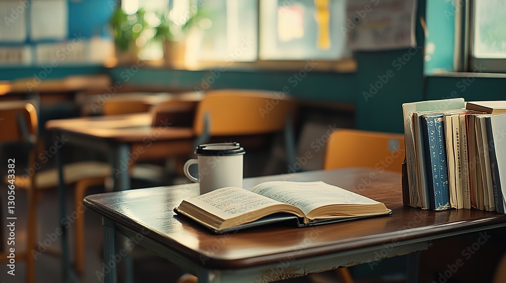 Open Book and Coffee Cup on Classroom Desk Open Book and Coffee Cup on Classroom Desk