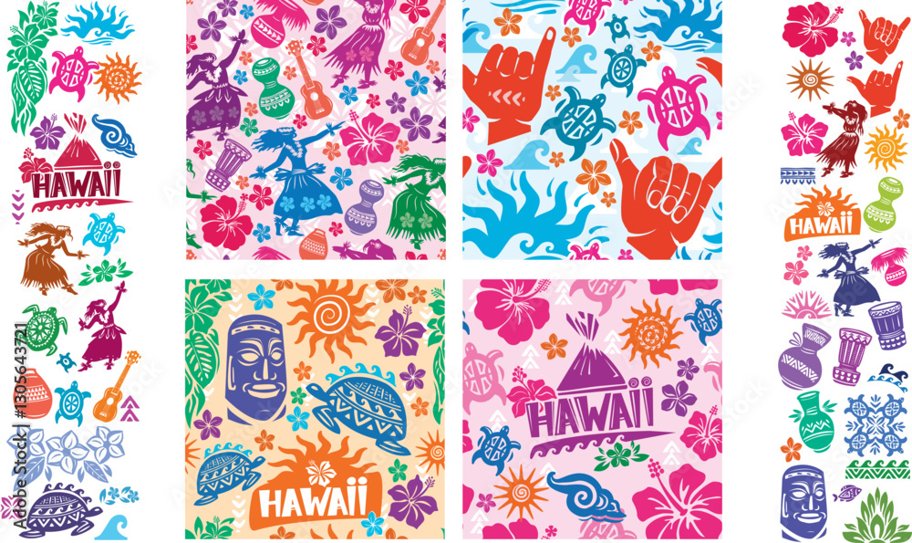 Set of Hawaiian Seamless and elements, Summer Beach decor, perfect for textiles, wrapping paper, fabric prints, stationery, and decorative surfaces