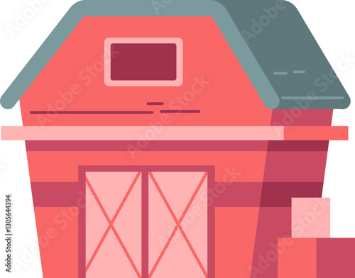 The image depicts a red barn with a single window double doors and a hay bale in front