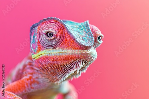 A pink chameleon in front of a pink background. Generated by