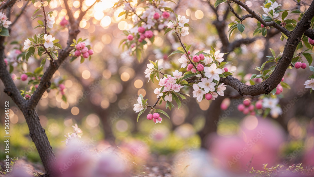 Experience the serene beauty of a blooming apple orchard bathed in soft sunlight and pink blossoms.