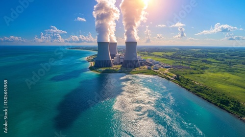 Nuclear Power Plant with Three Cooling Towers by the Ocean under Bright Sky. Generative AI photo