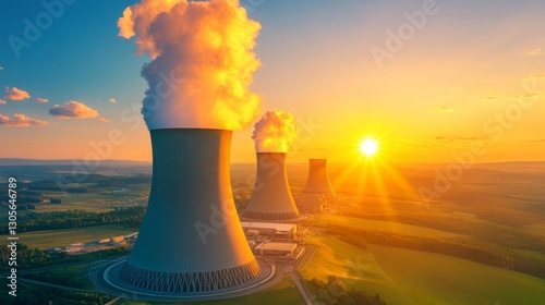 Aerial View of Nuclear Cooling Towers and Power Plant at Sunset. Generative AI photo