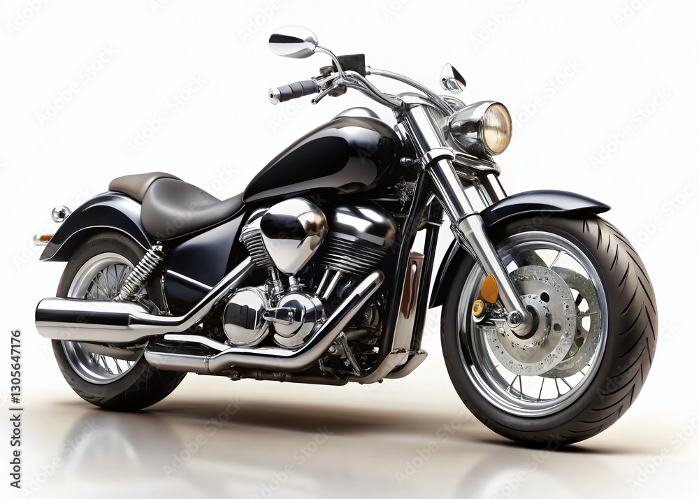 Sleek Black Motorcycle with Chrome Wheels, Isolated on White Background - Long Exposure Stock Photo Sleek Black Motorcycle with Chrome Wheels, Isolated on White Background - Long Exposure Stock Photo