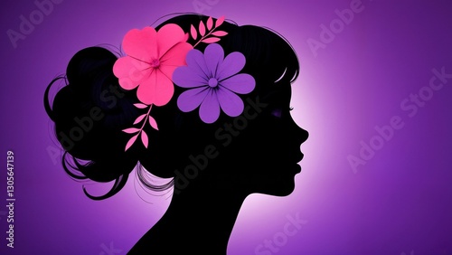 A silhouette of a woman with flowers in her hair.