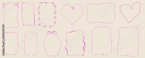 Set of handdrawn frames with decorative bows and hearts, perfect for invitations, greeting cards, or scrapbook design. Vector illustration