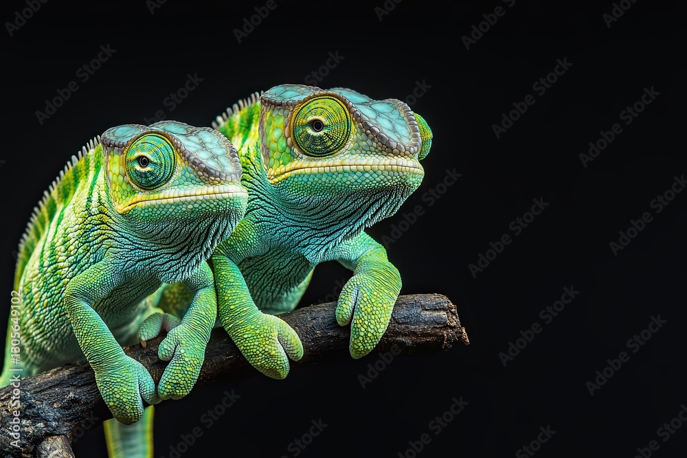Fototapeta premium There are two chameleons sitting on a branch. These are color-changing chameleons from Zanzibar
