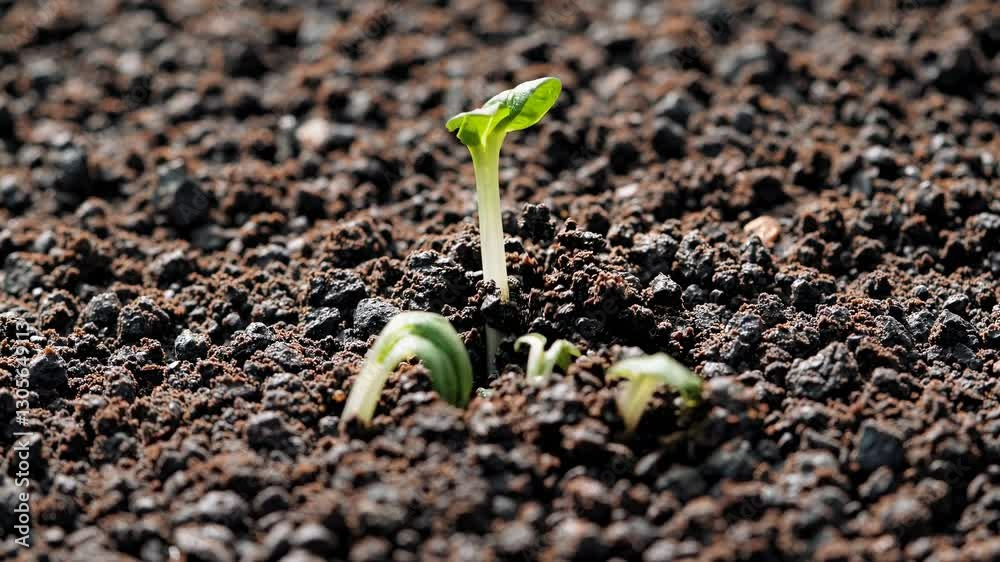 Close-up video shot of young green seedlings emerging from dark, textured soil, capturing the essence of growth and renewal from a low angle.
